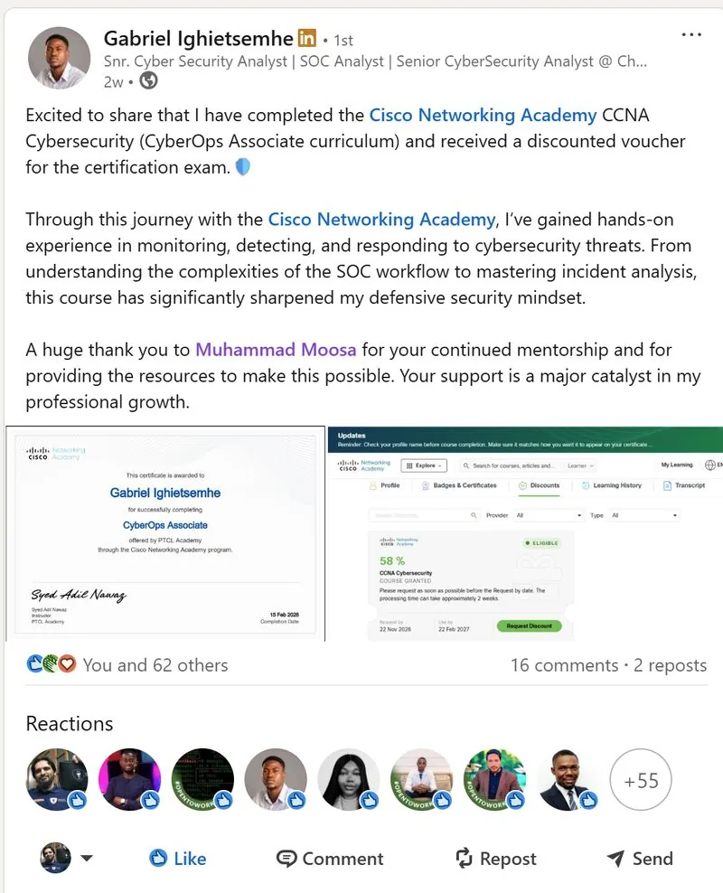 LinkedIn post by Gabriel Ighietsemhe showing his Cisco Networking Academy CyberOps Associate certificate and 58% discount voucher
