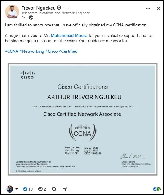 LinkedIn post by Trévor Nguekeu announcing he passed the CCNA, with his Cisco certificate